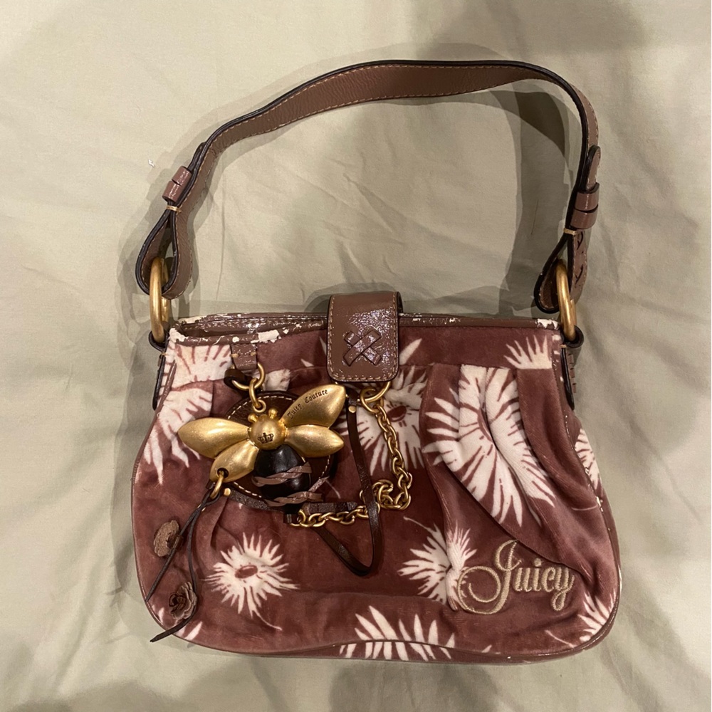 2008 Juicy Couture Bumblebee Bee Poinsettia Velour Shoulder Bag Brown